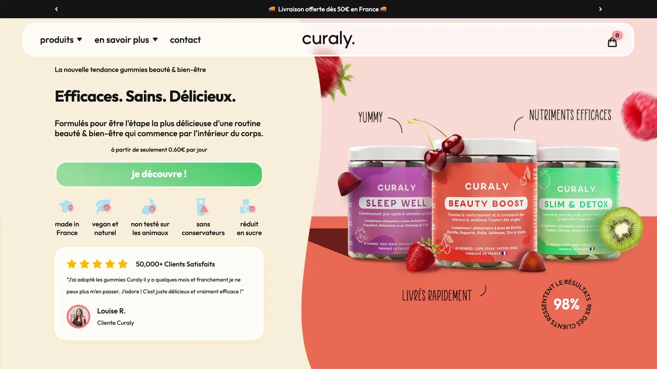 Curaly homepage (curaly.fr), the top of the live site.