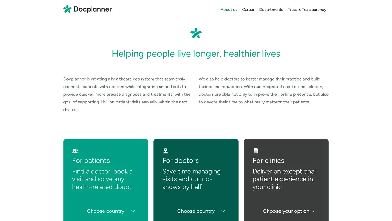 Docplanner homepage (docplanner.com), the top of the live site.