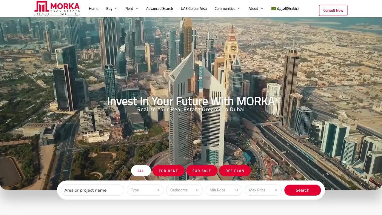 Morka Real Estate homepage (morkarealestate.com), the top of the live site.