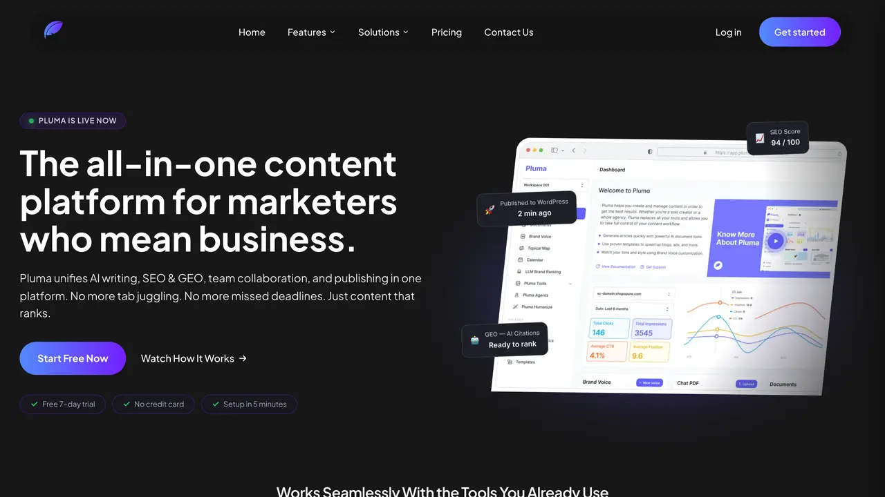 Pluma homepage (pluma.ai), the top of the live site.