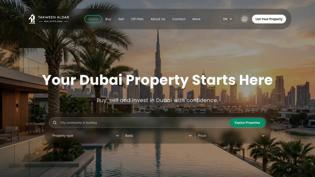Takween Aldar homepage (takweenaldar.com), the top of the live site.