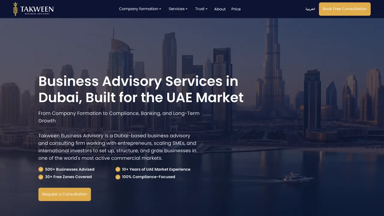 Takween Business Advisory homepage (takweenadvisory.com), the top of the live site.