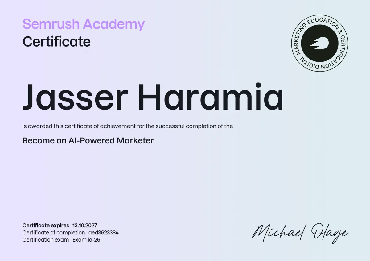Become an AI-Powered Marketer certificate, Semrush.
