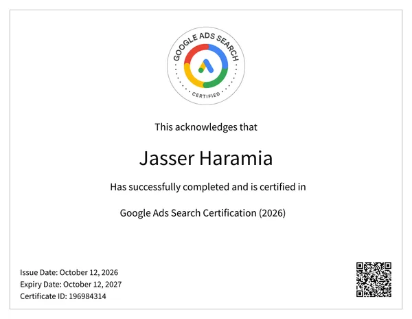 Google Ads Search Certification certificate.