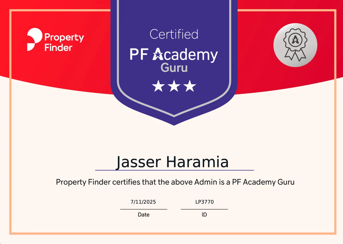 Certified PF Academy Guru certificate, Property Finder.